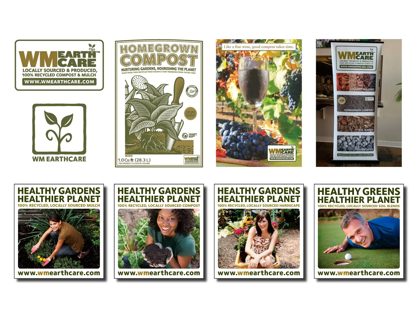 WM EarthCare brand system — identity, packaging, retail display, and segmented ad campaign