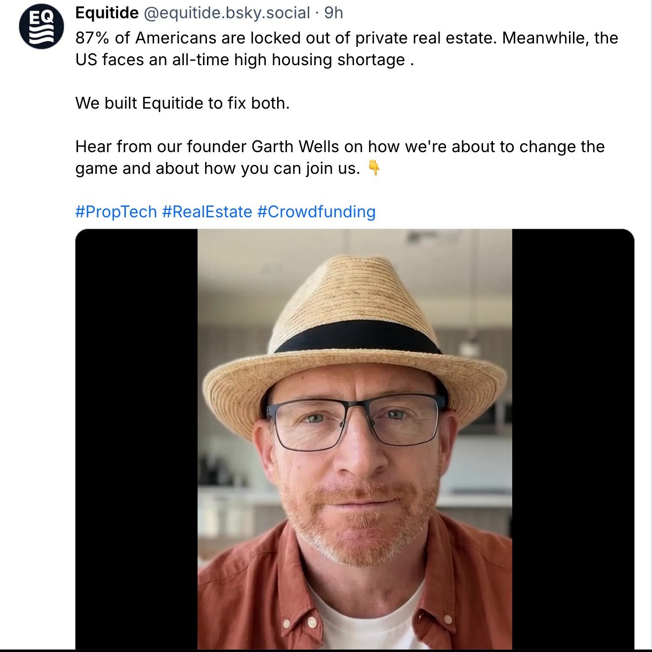 Equitide Bluesky post pairing the founder story video with a sub-300-character hook