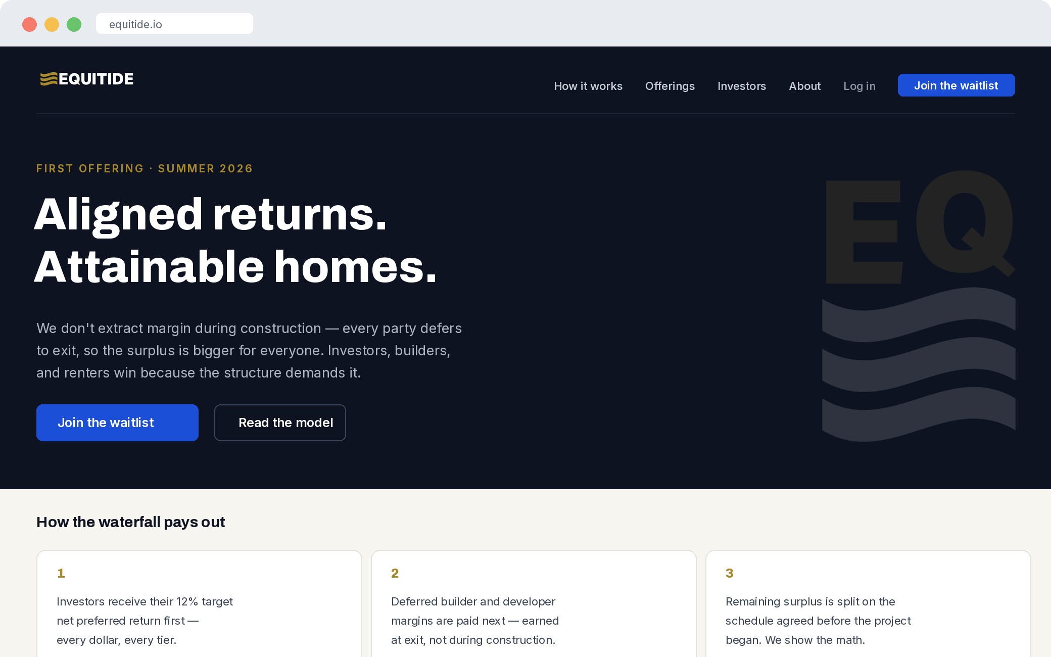 Equitide 2026 launch homepage in the final brand system — navy hero with gold wave mark