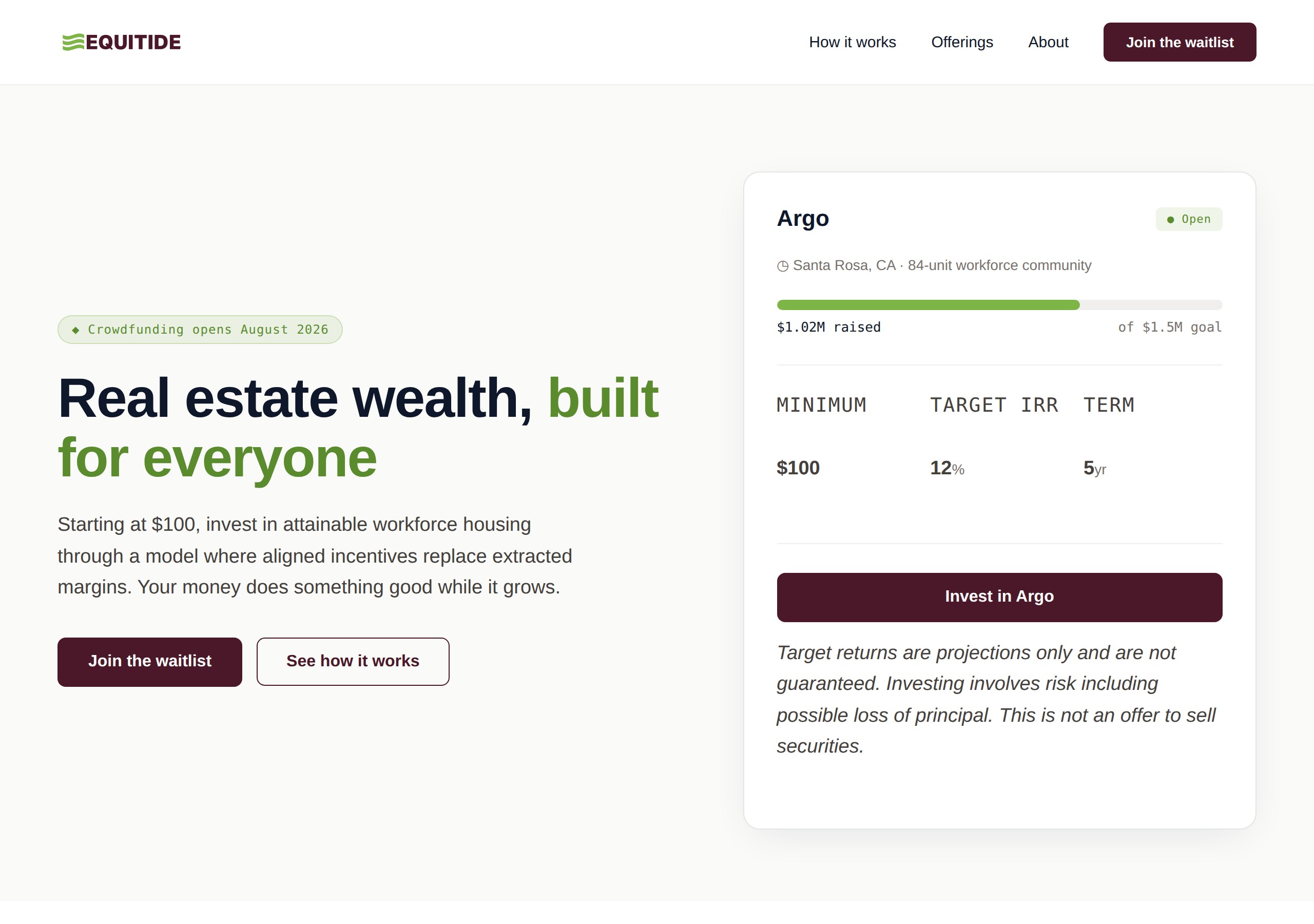 Equitide homepage and live offering card built from the design system