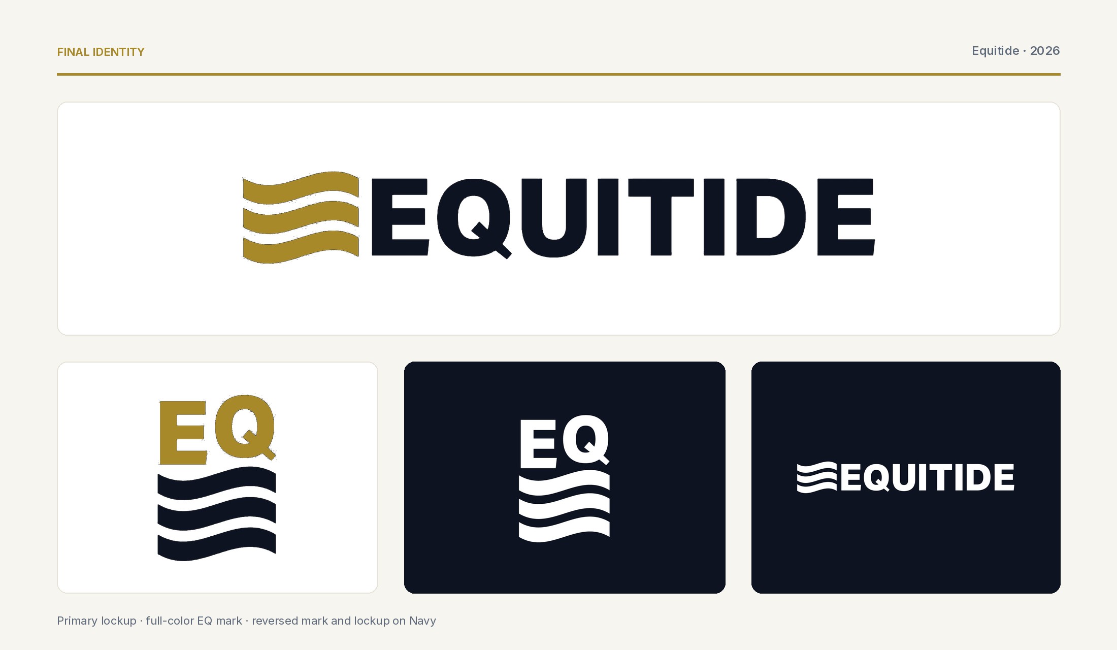 Final Equitide identity — full-color lockup, EQ mark, and reversed applications on navy