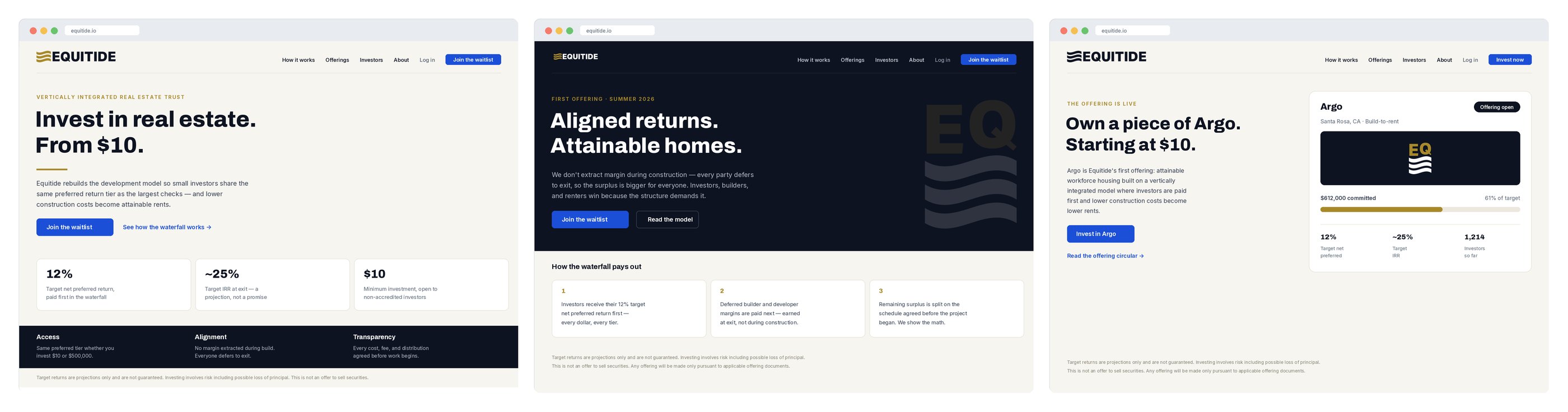 Equitide 2026 launch homepage mockups — cream ledger, navy institutional, and offering-led directions in the final brand system