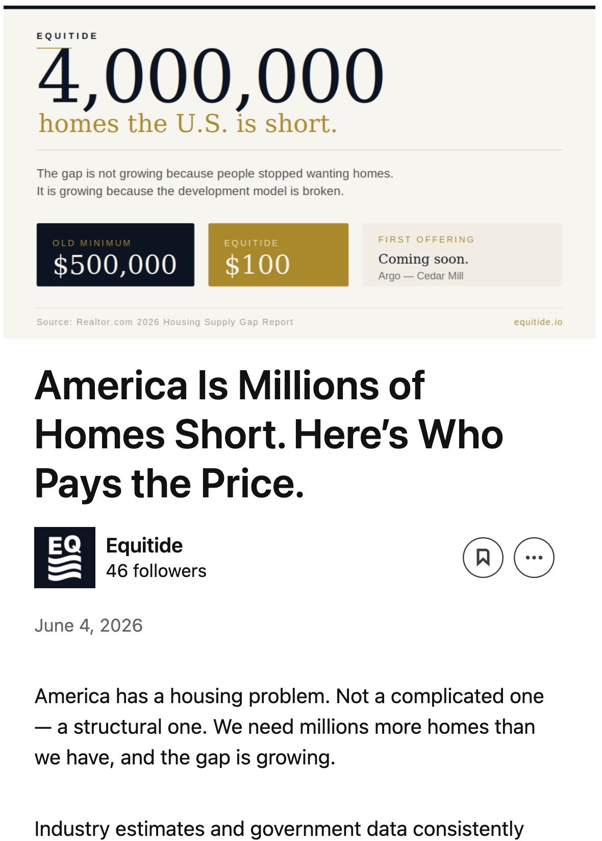 Published Equitide LinkedIn article — America Is Millions of Homes Short — with branded data graphic