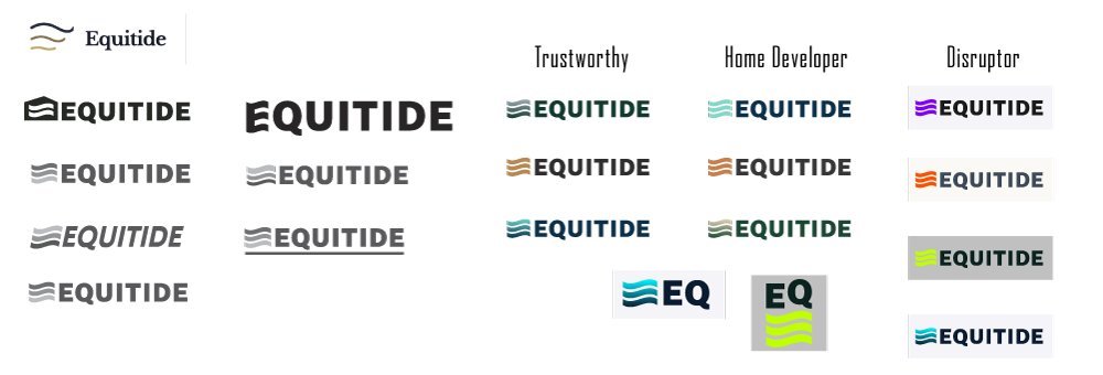 Equitide logo concept iterations across Trustworthy, Home Developer, and Disruptor brand postures