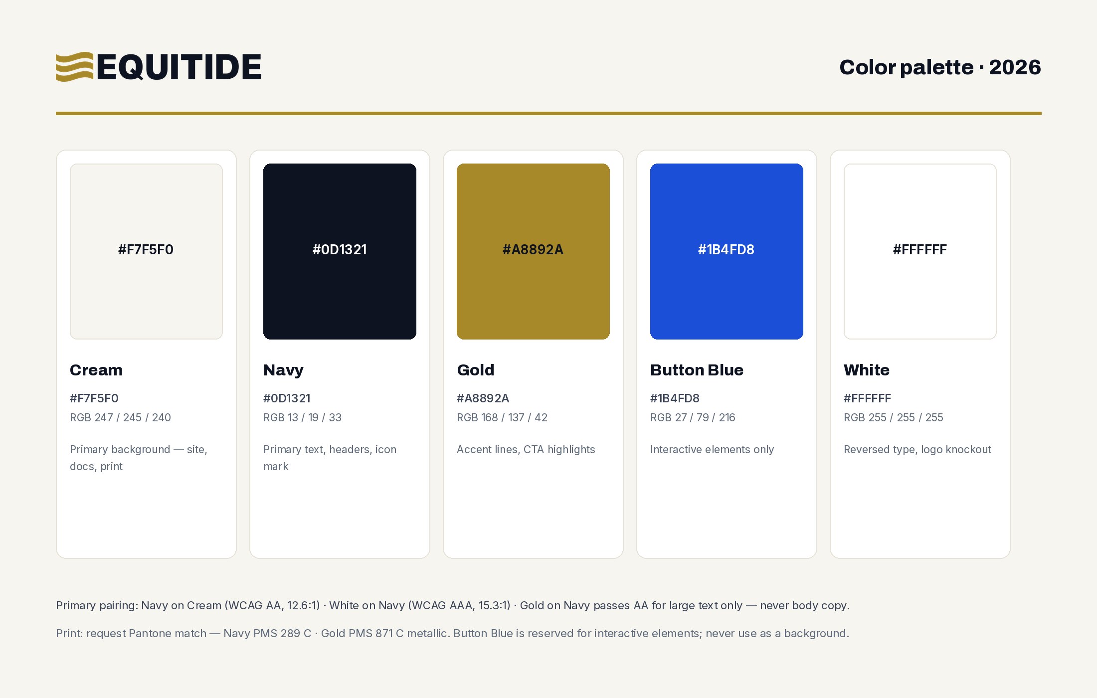 Equitide 2026 color palette specification — Cream, Navy, Gold, Button Blue, White with accessibility and print notes