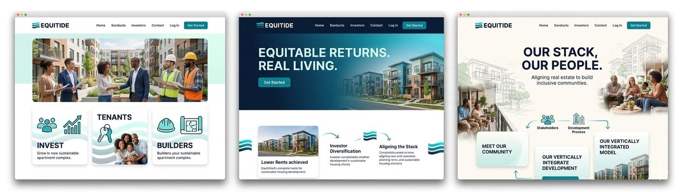 Equitide website direction mockups — three homepage concepts