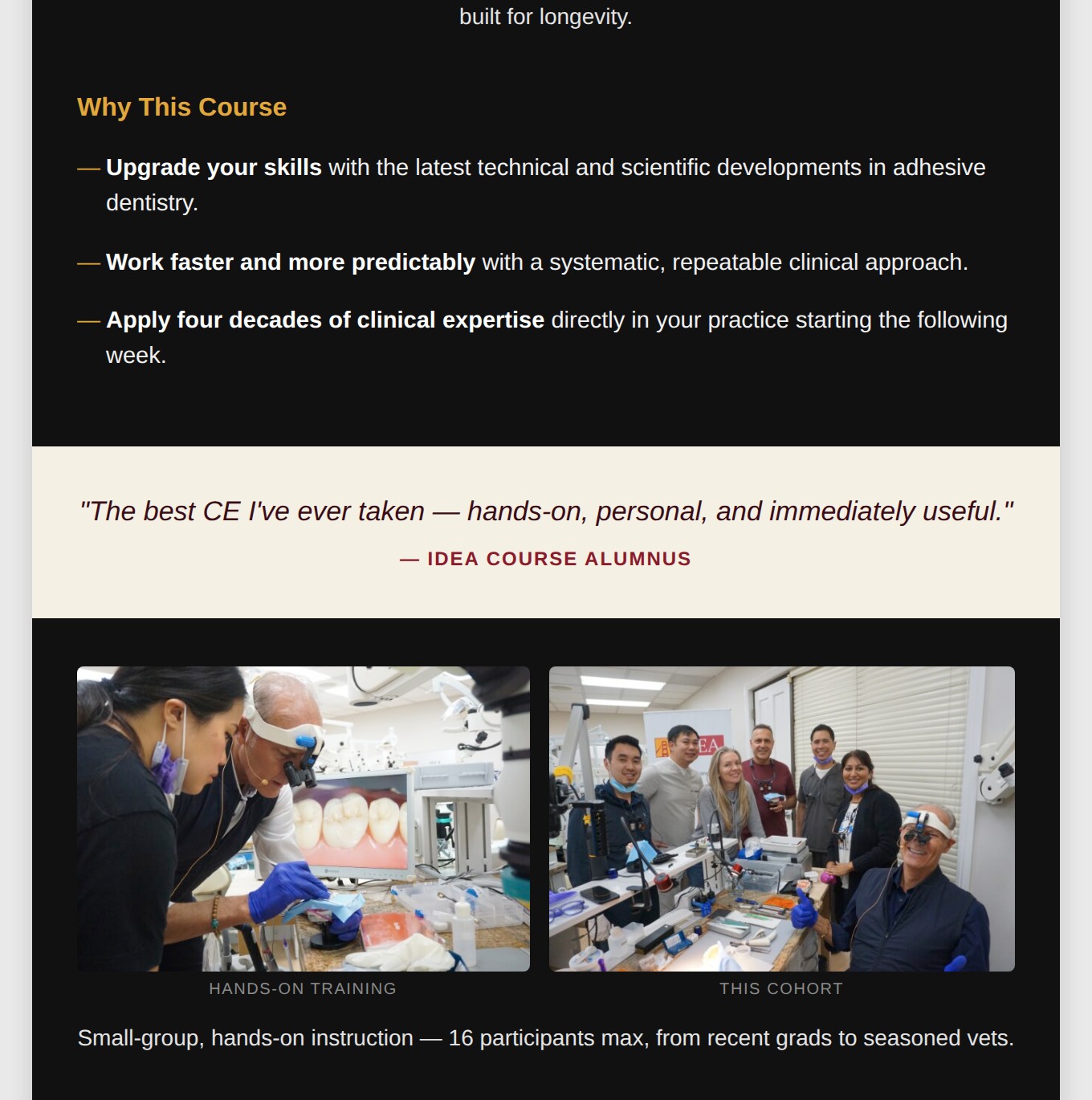 Why this course section, testimonial, and hands-on training photos