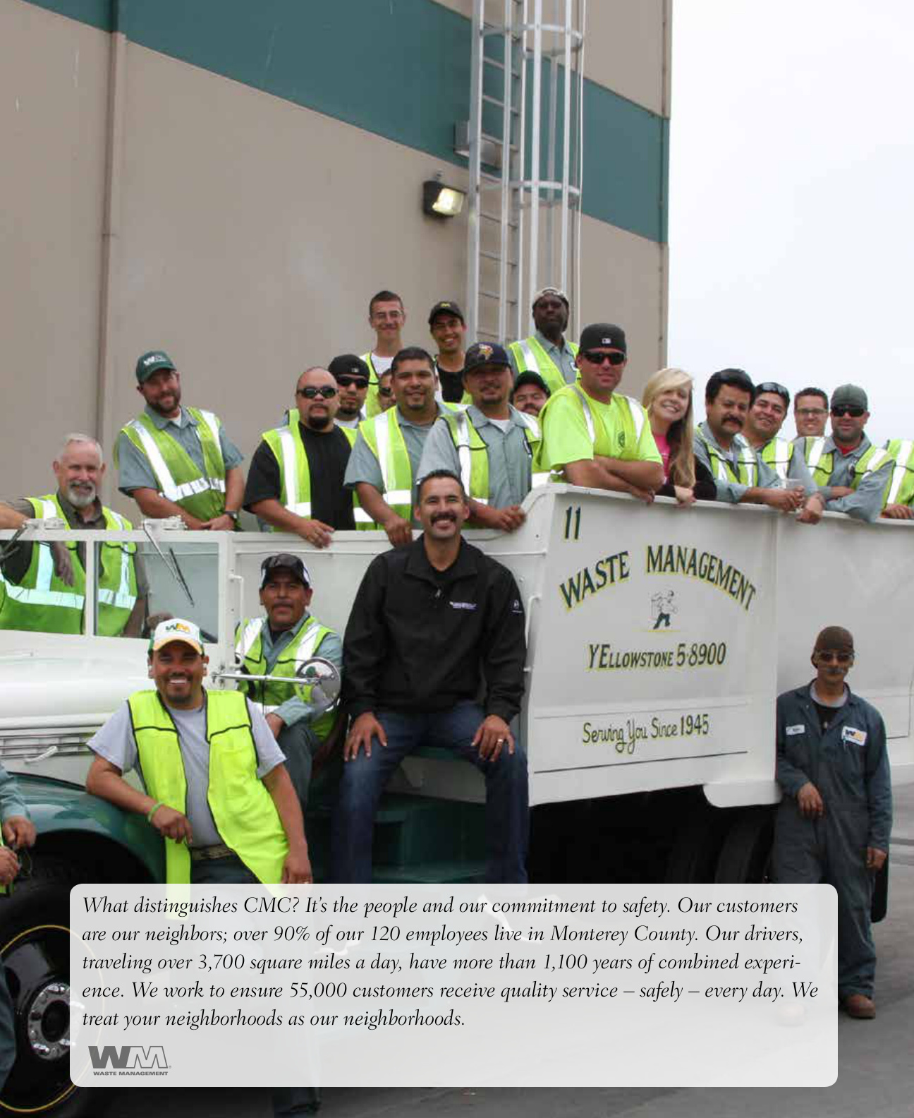 Monterey tab — full crew on vintage WM truck, Serving You Since 1945