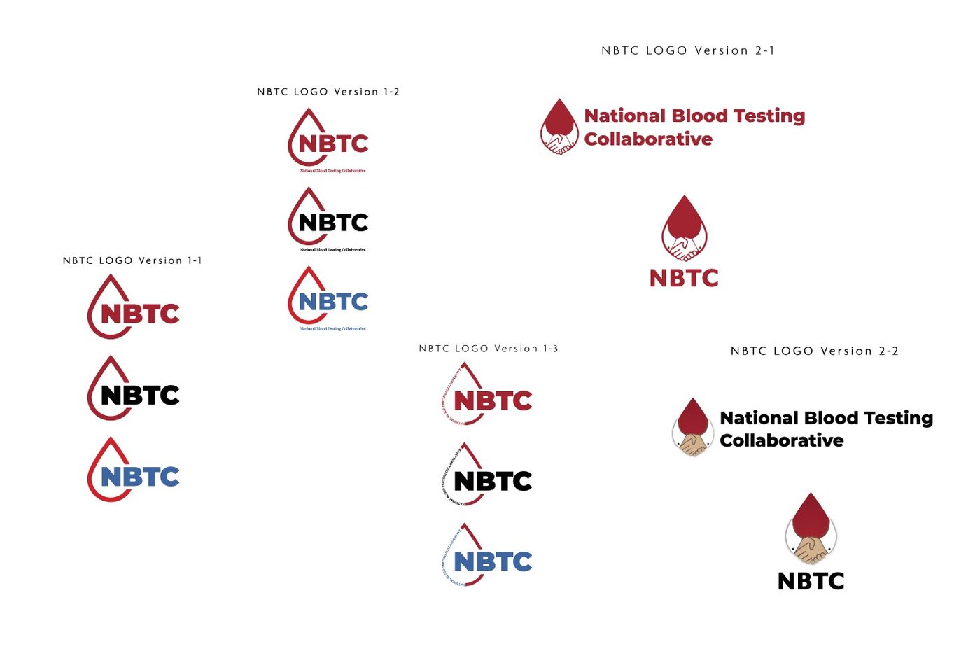 NBTC logo concept exploration — versions 1-1 through 2-2 showing design iterations