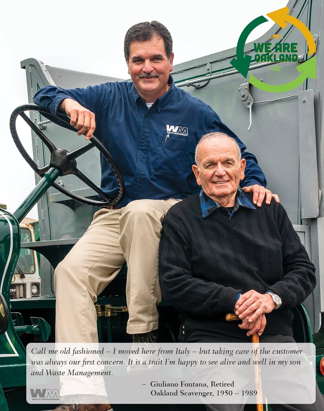 RFP tab — Giuliano and son on a vintage Oakland Scavenger truck, We Are Oakland logo upper right
