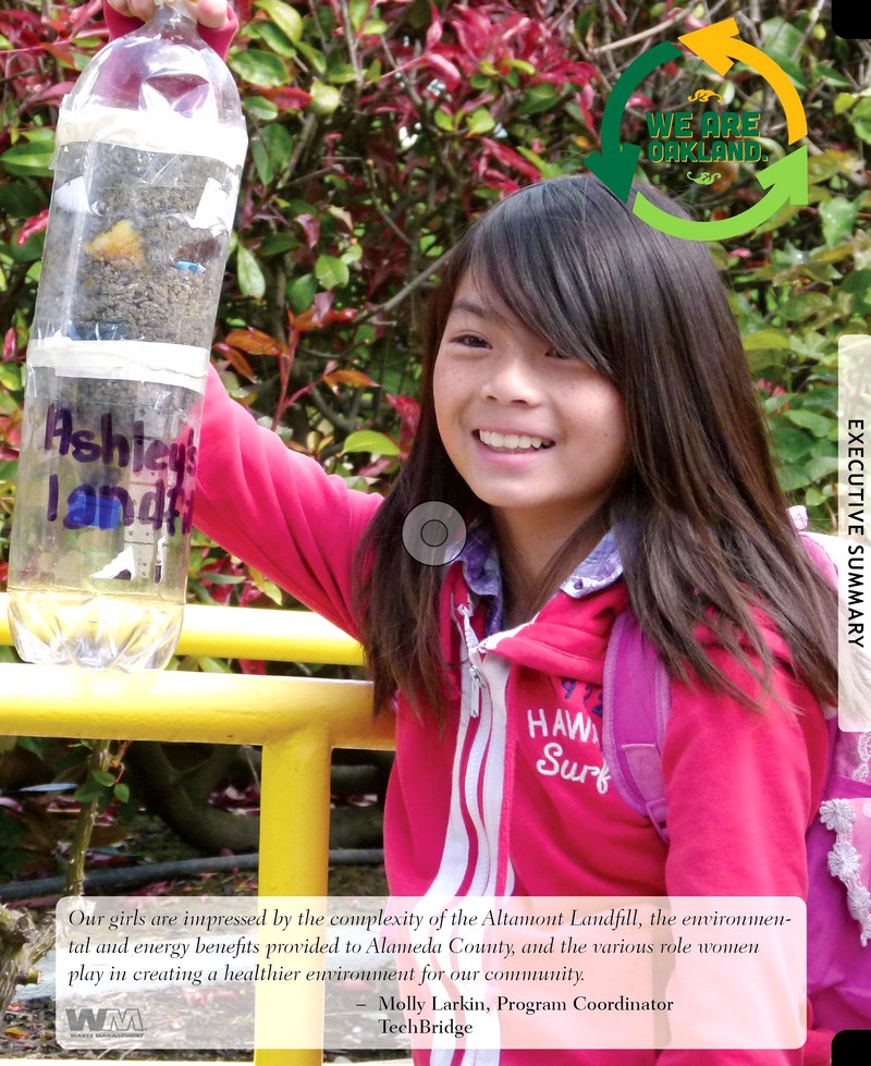 Executive Summary tab — TechBridge student with bottle terrarium, We Are Oakland logo