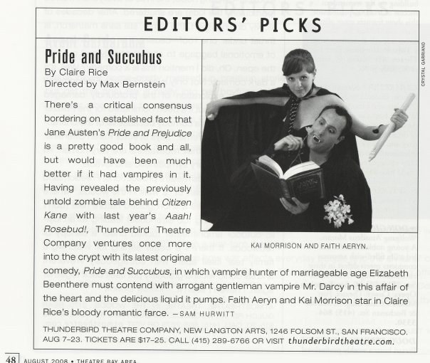 Pride and Succubus named an Editors' Pick in Theatre Bay Area, with cast photography by Dana Constance
