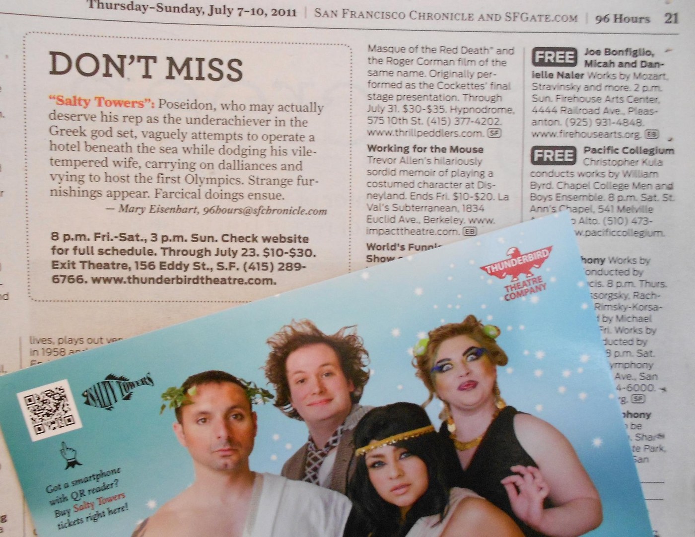 Salty Towers named a Don't Miss pick in the San Francisco Chronicle 96 Hours, with the show mailer designed by Dana Constance