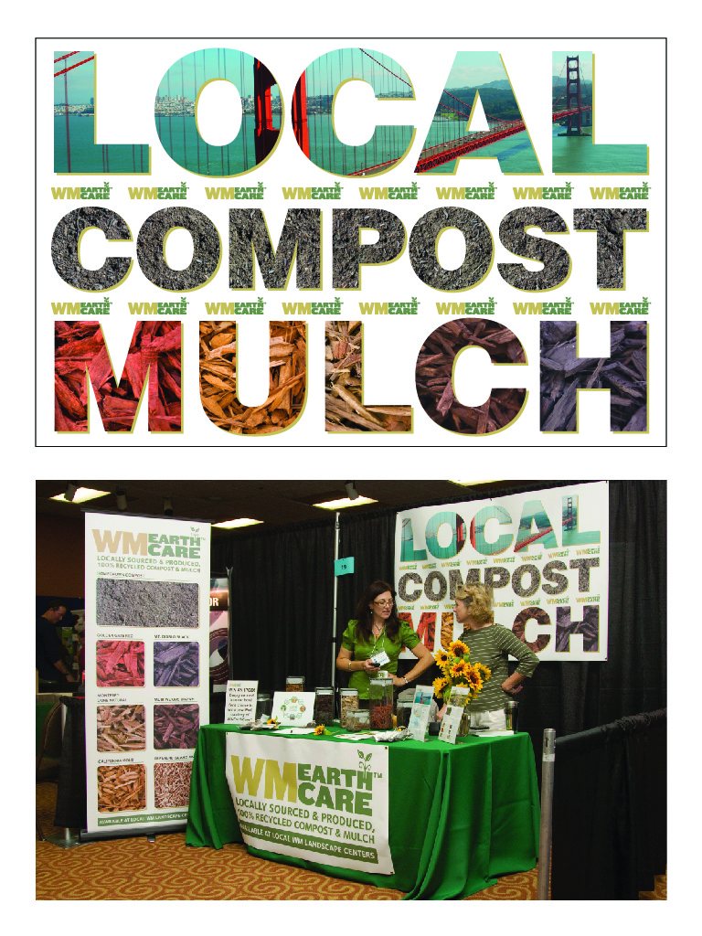 WM EarthCare trade show booth — LOCAL COMPOST MULCH typographic backdrop with product samples