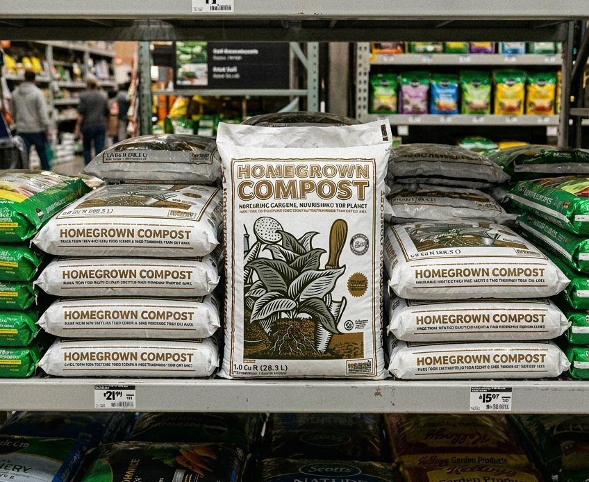Homegrown Compost bags on retail shelf competing with Scotts and national brands