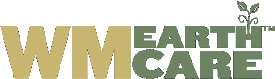 WM EarthCare redesigned logo — custom sprouting plant icon, earthy gold and agricultural green palette